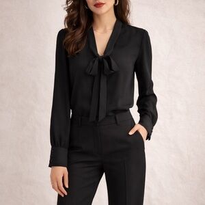 Express Black Bow Tie Neck Blouse XS Elegant Long Sleeve Workwear Top